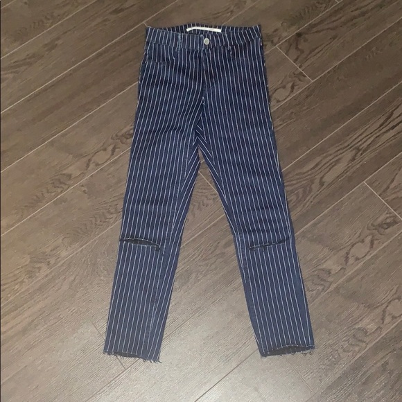 ZARA High Waisted Striped Cropped Jegging Size 4 Knee Rips Pinstripe - Picture 2 of 5